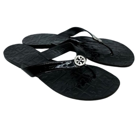 TORY BURCH~Thora~BLACK PATENT LEATHER FLIP FLOP REVA LOGO SANDALS SIZE 10M - Picture 4 of 7